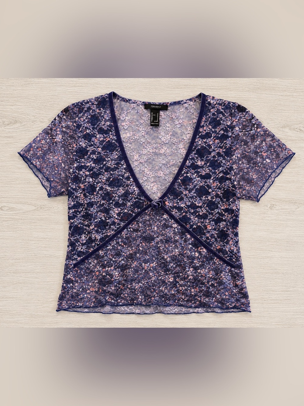 Forever 21 Floral Mesh Tie Front Sheer Baby Tee Top Medium